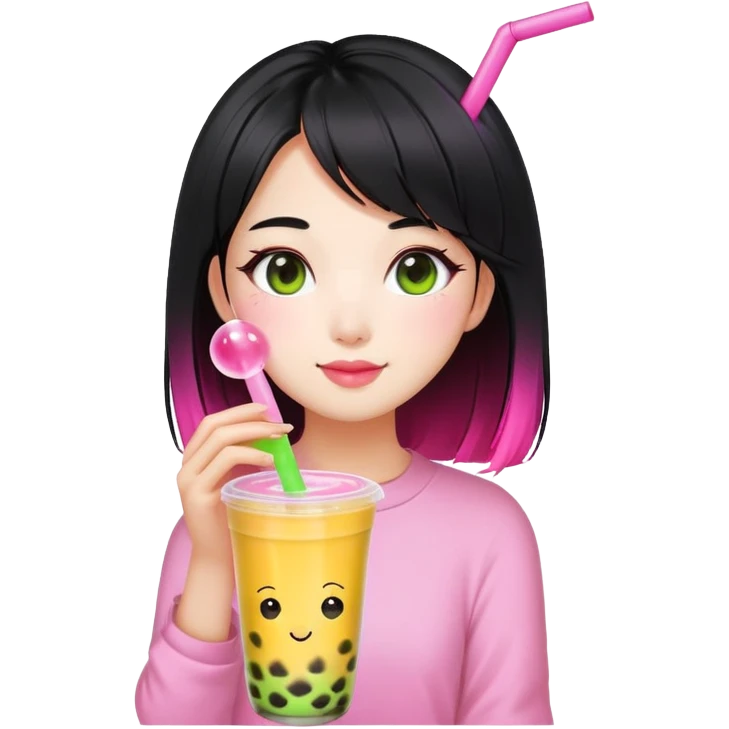 girl with black hair and half neon pink half neon green roots enjoying mango bubble tea  emoji