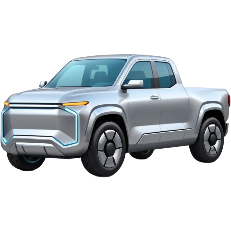 A futuristic electric pickup truck emoji, silver chrome body, angular cyber design, smooth metallic panels, subtle reflections, minimalistic proportions, iOS emoji style, centered composition, clean white background, soft lighting emoji