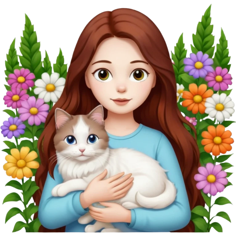 A woman with long dark auburn hair holding a white ragdoll cat in the garden of flowers emoji
