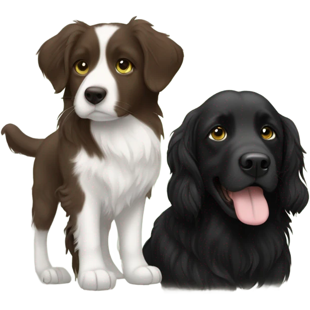Girl with brown hair and green brown eyes next to a black golden retriever and épagneul breton black and White  emoji