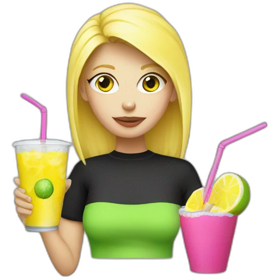 crazy blonde girl straw drinking pink lemonade with one green lemon in the cup, with black watch black tshirt emoji
