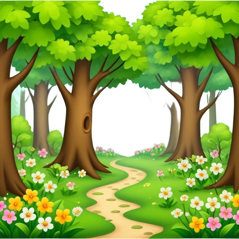 spring season in a forest with trees having fresh green leaves and blooming flowers, bright and cheerful emoji