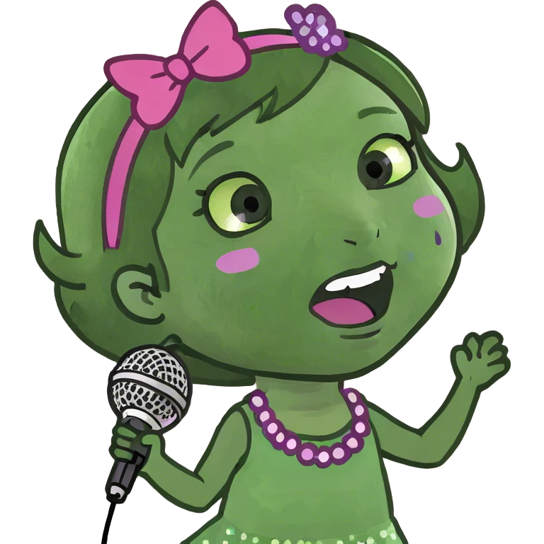 Cute Little brunette girl singing into a microphone and dancing while wearing pink and purple and sparkles  emoji