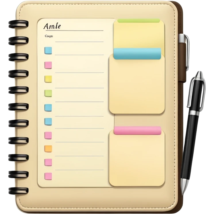 daily planner agenda cream leather with open page and pen with stickynotes emoji