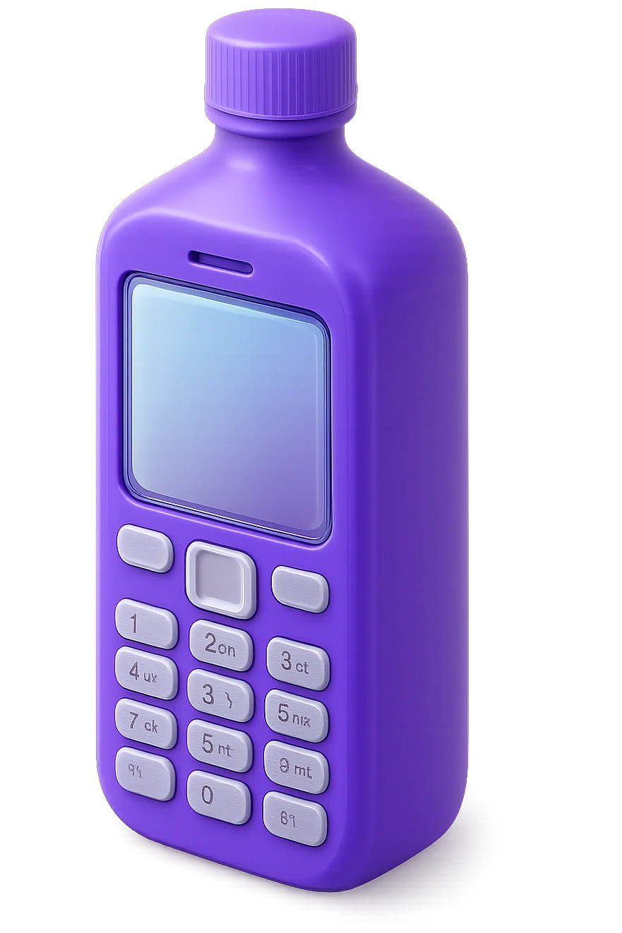very realistic purple bottle that looks like a real mobile phone, with screen and buttons, 3D style, no text, glass and plastic textures, reflections, details emoji