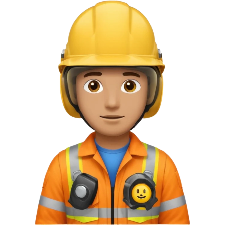 a guy wearing safety outfit with helmet standing , around him safety gears emojis  emoji