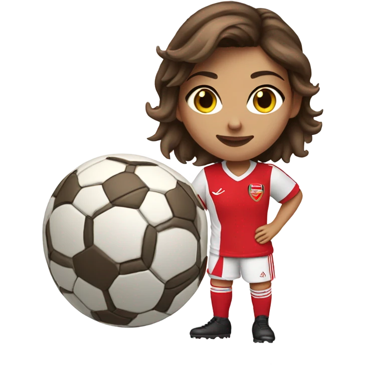 Pretty woman wearing an Arsenal jersey with short brown hair kicking a soccer ball emoji
