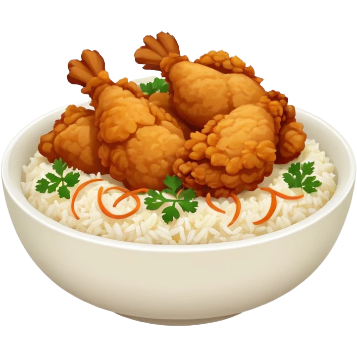 iOS-style food emoji, flat design: round bowl with white rice base, topped with crispy fried chicken pieces, fried onion bits, sweet-and-sour sauce and white sauce zigzag drizzles, finished with parsley flakes, clean shapes, transparent background. emoji