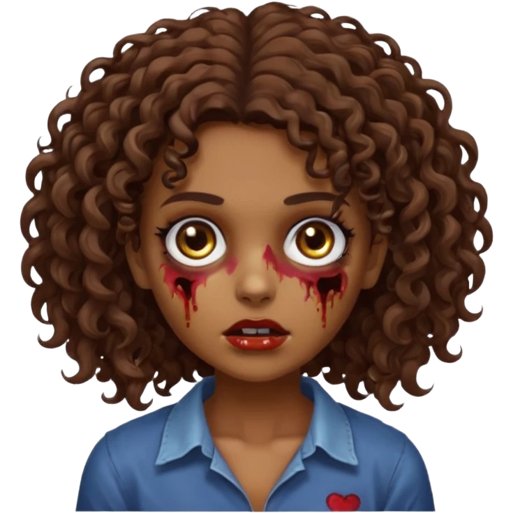 Faça uma garota zombie de cabelo cacheado castanho, olhos castanhos escuro e pele parda emoji