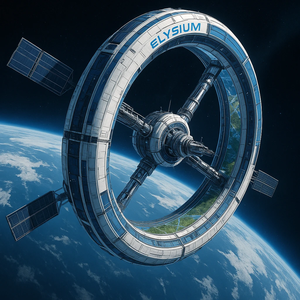 Elysium space station, viewed from space, detailed ring habitat, blue and white color scheme, high-tech look emoji