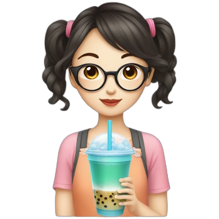 Asian girl with glasses drinking bubble tea emoji