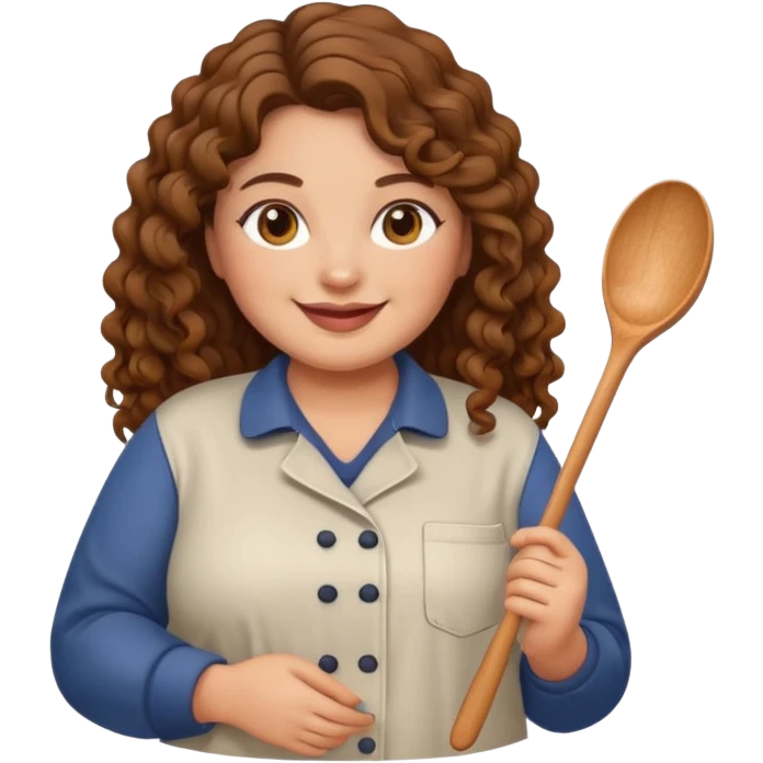 “A friendly, smiling plus size woman emoji with long curly brown hair and hazel eyes, warm medium skin tone, wearing casual kitchen clothes and holding a wooden spoon. Simple, clean style, suitable for a healthy cooking Instagram page emoji