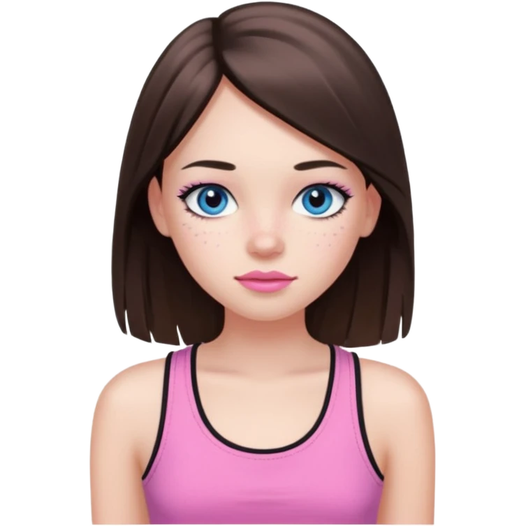 Create a teenage girl with long and straight brunette hair, light skin, light freckles, and blue-grey eyes. She will have pink lips and long black eyelashes. She will be wearing a pink tank top. emoji