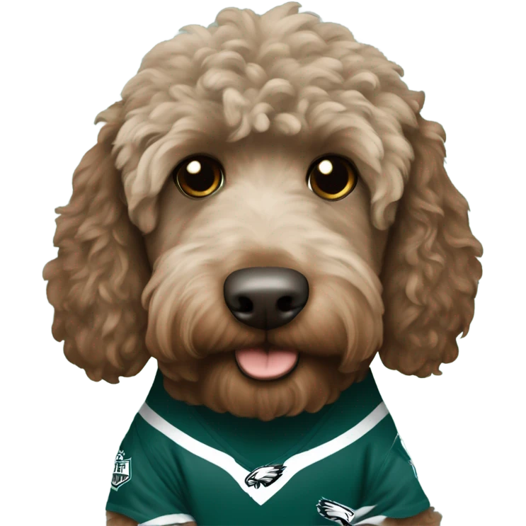brown Labradoodle wearing a Philadelphia eagles shirt emoji