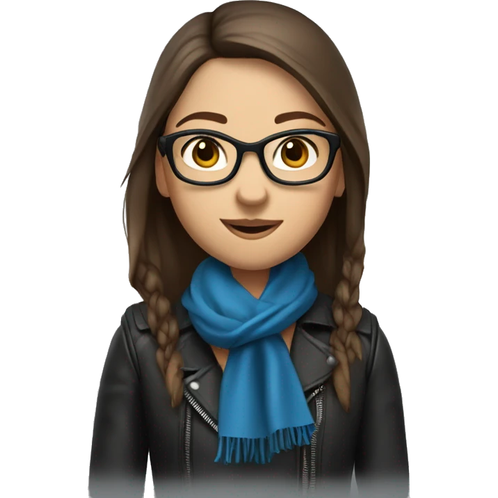 Slavic girl with long straight brown hair, fair skin, dark brown eyes, smile, black glasses, wearing a blue scarf around her neck and a leather jacket. emoji