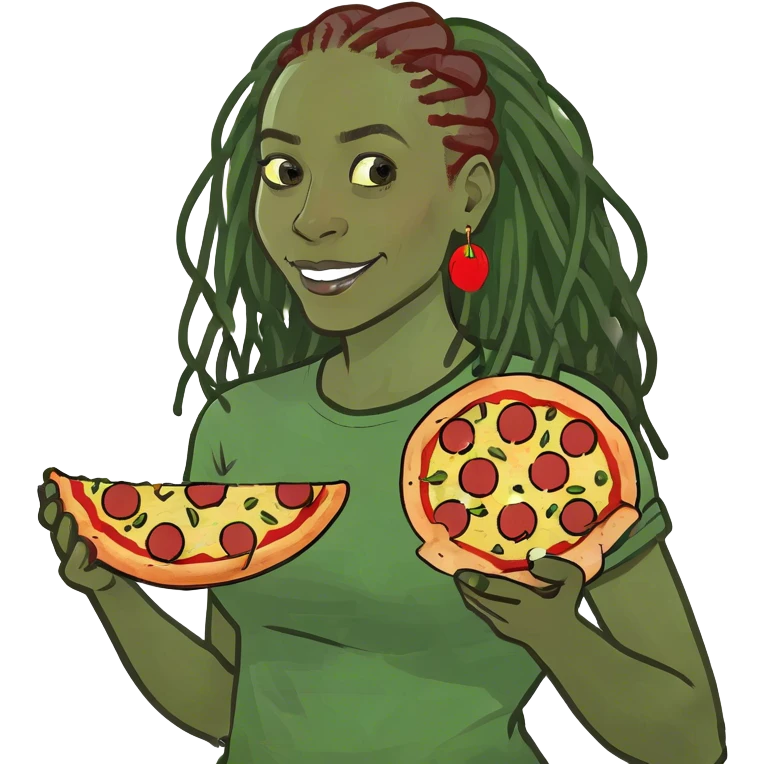 African-American woman with dreadlocks holding a precious slice of pepperoni pizza ￼ emoji