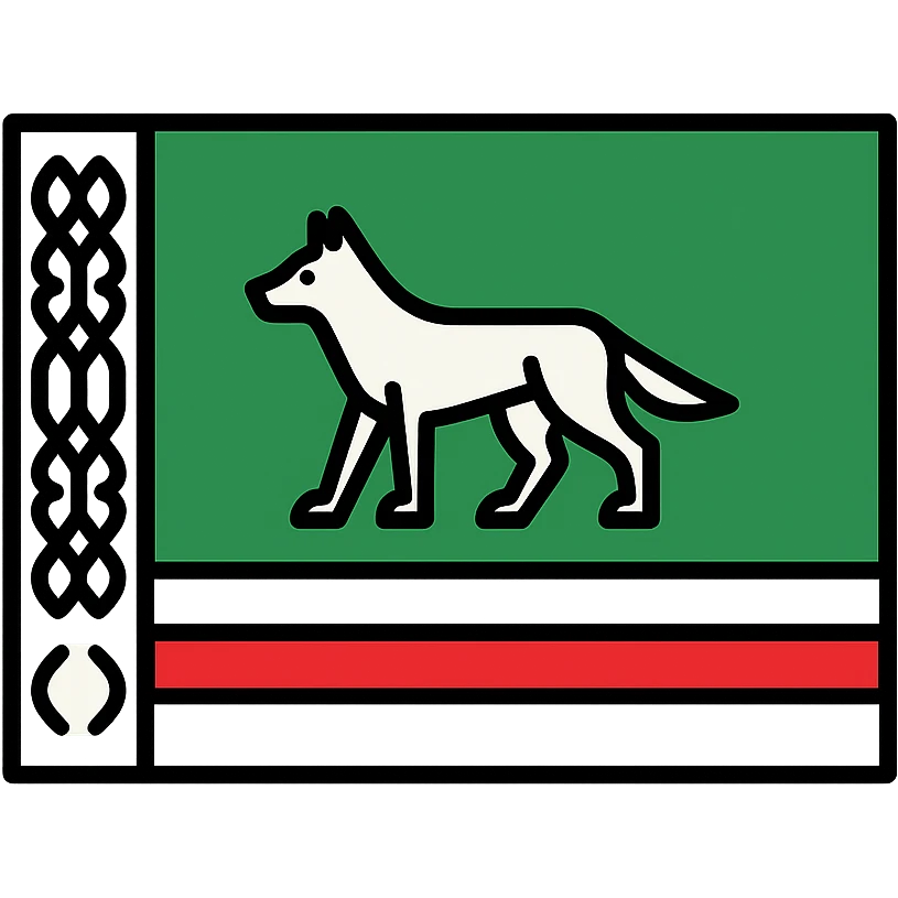 Chechen flag with green field, white and red stripes at the bottom, white patterned stripe on the left, prominent wolf symbol in the center, minimalistic style emoji