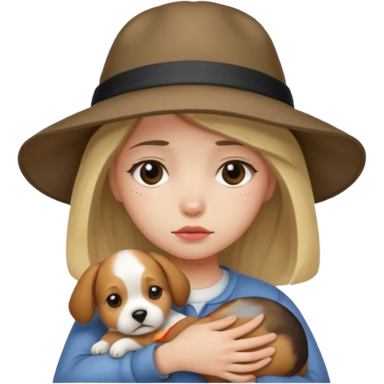sad girl with a hat and a sad dog in her arms
 emoji