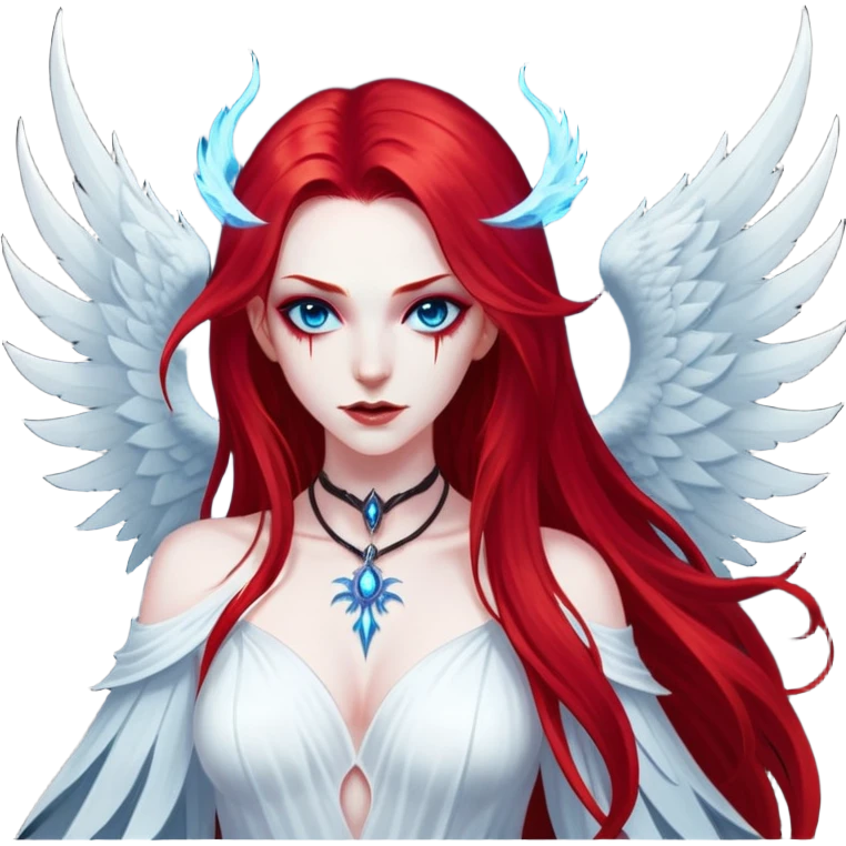 full body portrait of an extremely diabolical girl with pale white skin, massive towering wings, very long flowing blood red hair, glowing blue eyes, black hellfire aura, no horns, evil grin, no necklace emoji