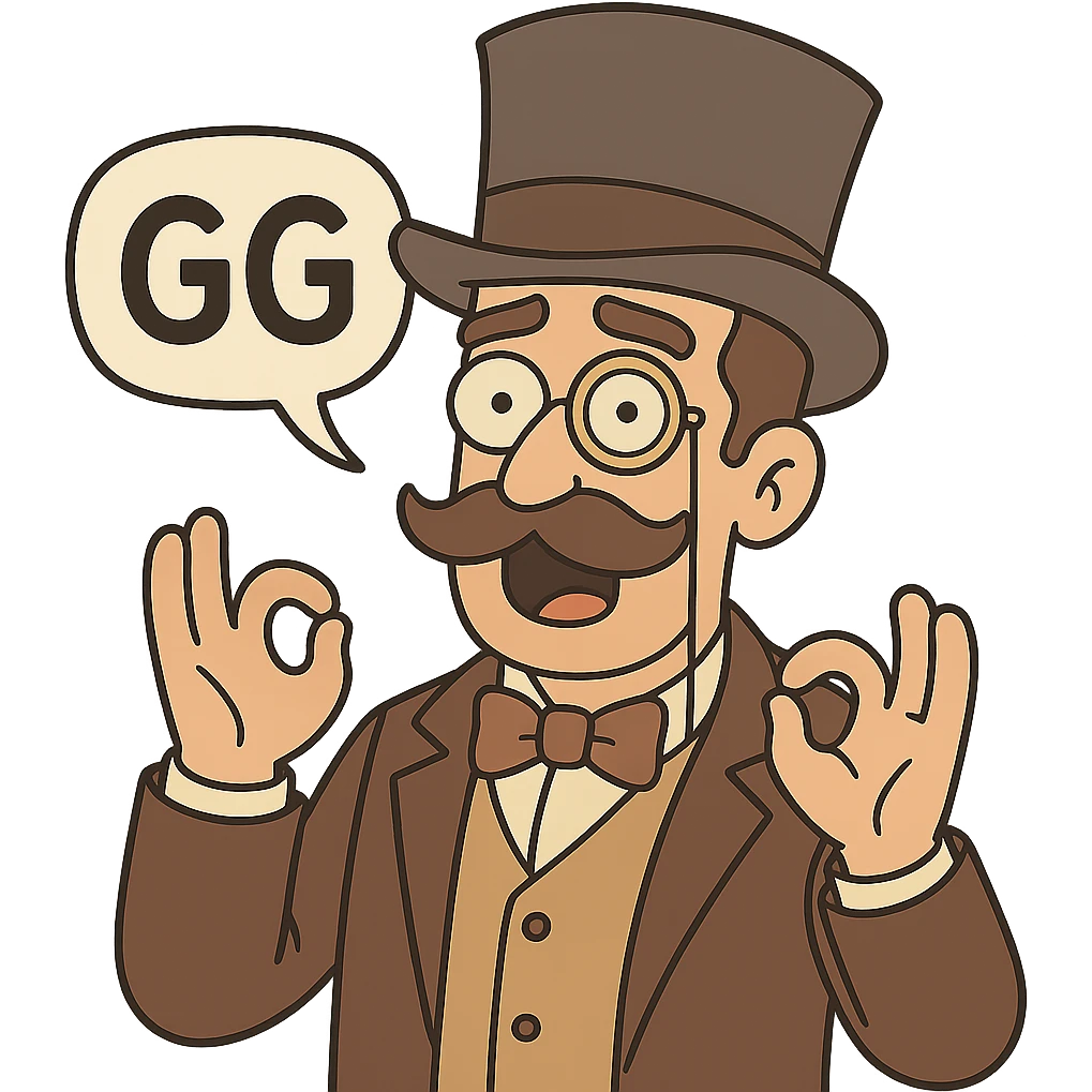 Make the man with mustache, top hat, and monocle show the word GG, in flat toon style, with no background. emoji