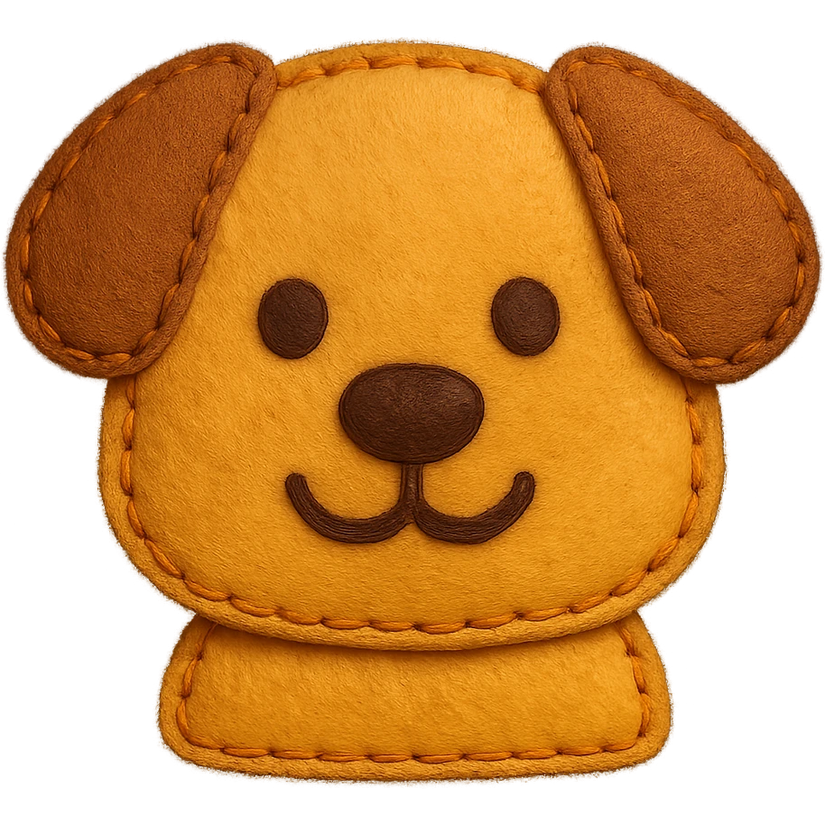 <StylePrompt>
  <Name>Felt Appliqué Plush Style</Name>
  <Description>A soft, handcrafted look inspired by plush felt fabric with visible stitching and a padded 3D texture, rendered on a solid black background.</Description>
  <VisualProperties>
    <Material>Felt</Material>
    <Texture>Soft, fuzzy, with slight fiber detail</Texture>
    <Stitching>
      <Type>Thick thread</Type>
      <Color>Orange or slightly darker tone than fabric</Color>
      <Pattern>Uniform running stitch along outer edge</Pattern>
    </Stitching>
    <Padding>High, plush-like 3D depth</Padding>
    <Edges>Rounded corners</Edges>
    <ColorPalette>
      <Primary>Warm yellow/orange tones</Primary>
      <Accent>Brown or dark orange for facial features and outline</Accent>
      <Background>Black</Background>
    </ColorPalette>
  </VisualProperties>
  <Rendering>
    <Lighting>Soft, even studio lighting</Lighting>
    <Shadows>Subtle drop shadows for depth</Shadows>
    <Perspective>Flat front-facing, symmetrical if applicable</Perspective>
  </Rendering>
  <Applicability>
    <SubjectType>Any object, animal, or letterform</SubjectType>
    <OutputFormat>Icon, emoji, patch-style graphic</OutputFormat>
  </Applicability>
</StylePrompt>

{subject} = dog emoji