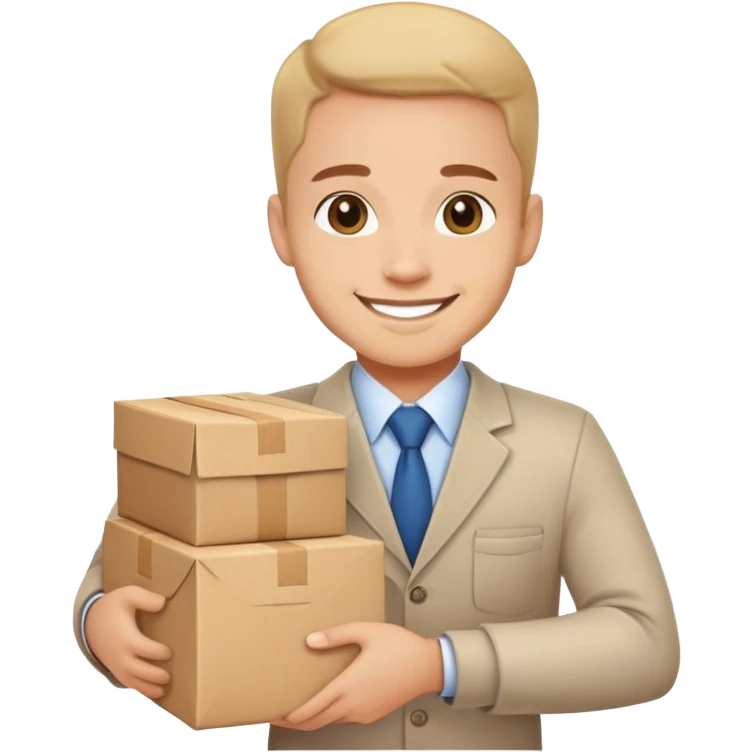 A friendly business person with packages and supplies, smiling and ready to deliver goods emoji