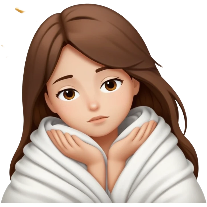 Sleepy girl with long brown hair wrapped like a burrito in a blanket, eyes half-open elegant stars  emoji