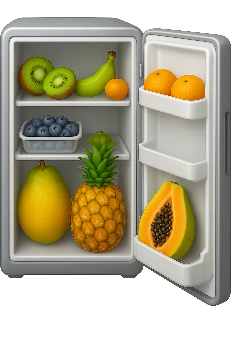 emoji stile iphone di un frigo aperto con dentro ben visibili questi alimenti: Kiwi
Banana acerba
Arance e mandarini
Mirtilli
Ananas
Papaya
IPERREALISTICO 4K emoji
