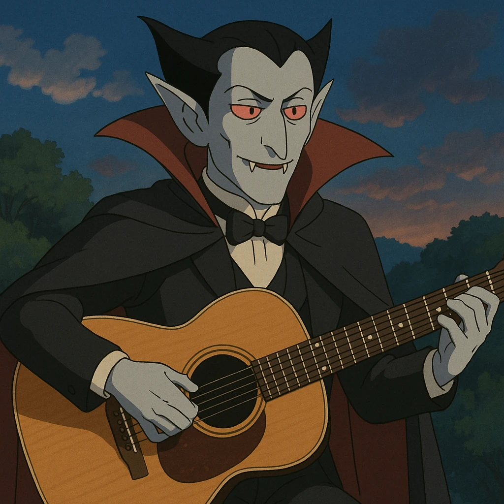 vampire holding a guitar, ghibli style emoji