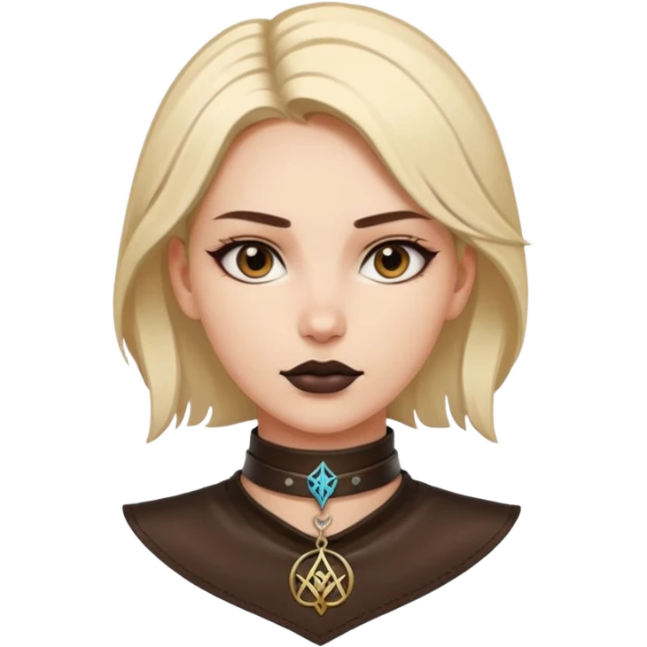 Leather choker with sigil around woman’s neck, pulse visible, dominance tone emoji