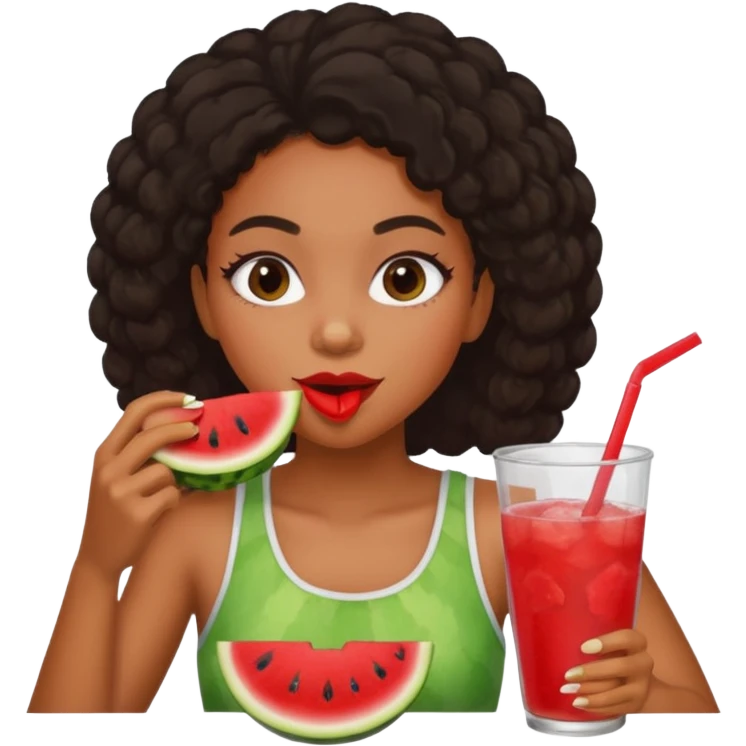 black girl eating watermelon and fried chicken while drinking red Koolaid emoji