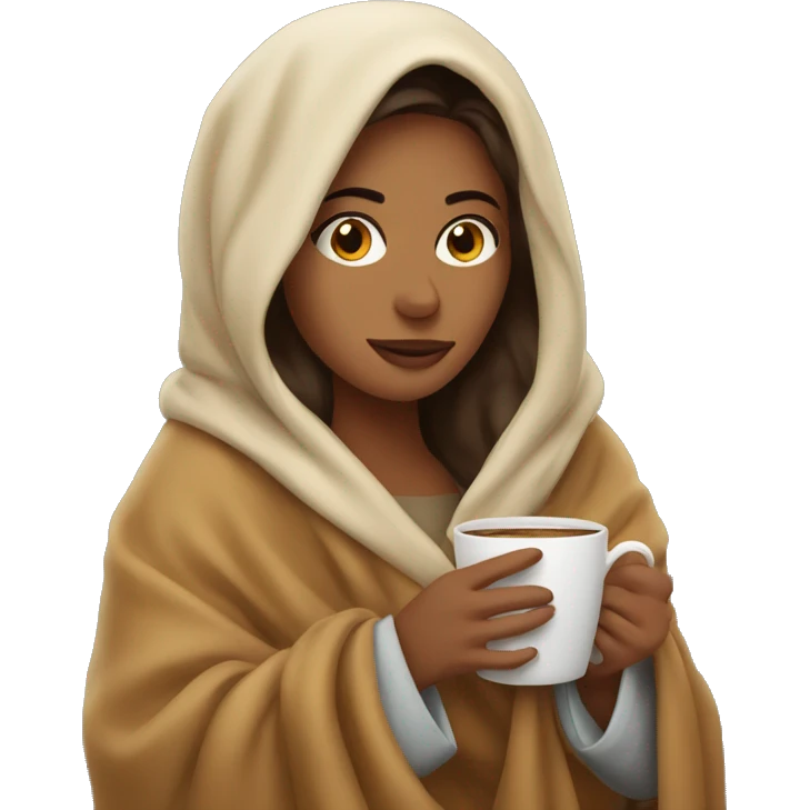 Woman snuggled in a blanket with a coffee emoji