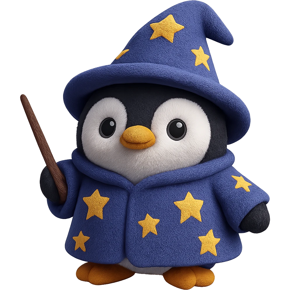 A magical penguin wizard wearing a starry blue wizard robe and a pointed hat. The plush penguin has a tiny wand and an adorable expression. emoji