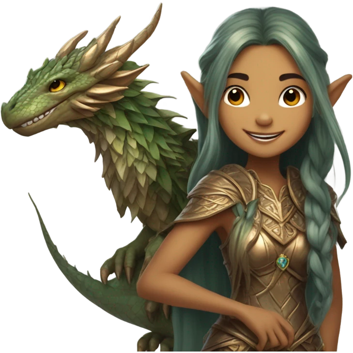 an elf woman holding jolly bronze dragon emoji