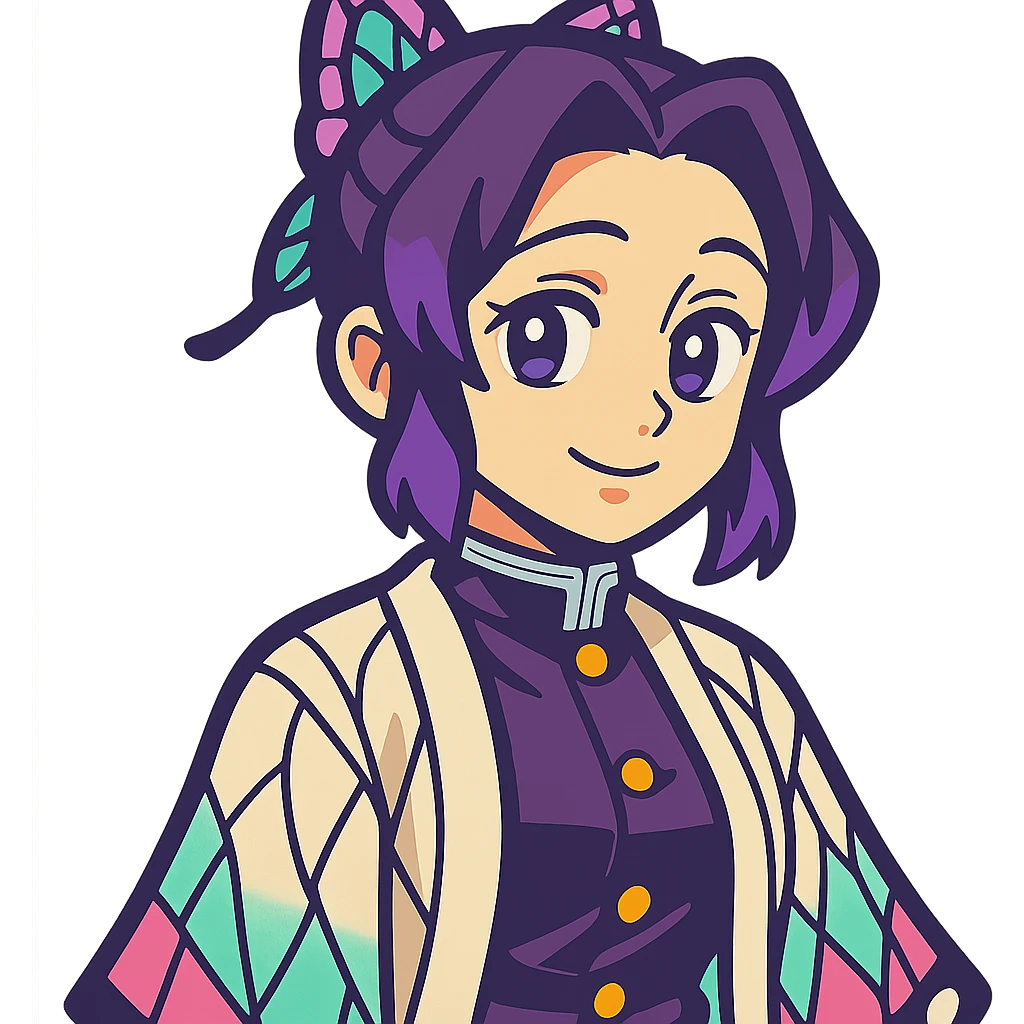 Shinobu Kocho from Demon Slayer, vibrant anime style, butterfly hairpin, purple-tinted hair, gentle smile emoji