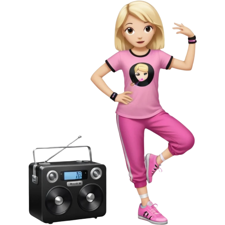 Hiphop dancer, with cute big pants, sneakers, and t-shirt. White girl blond. Coloufull shirt. No pocket pants. Dancing. Pink and black plain outfit. No sweatbands on the wrist, black music box behind her. Ballerina pose emoji
