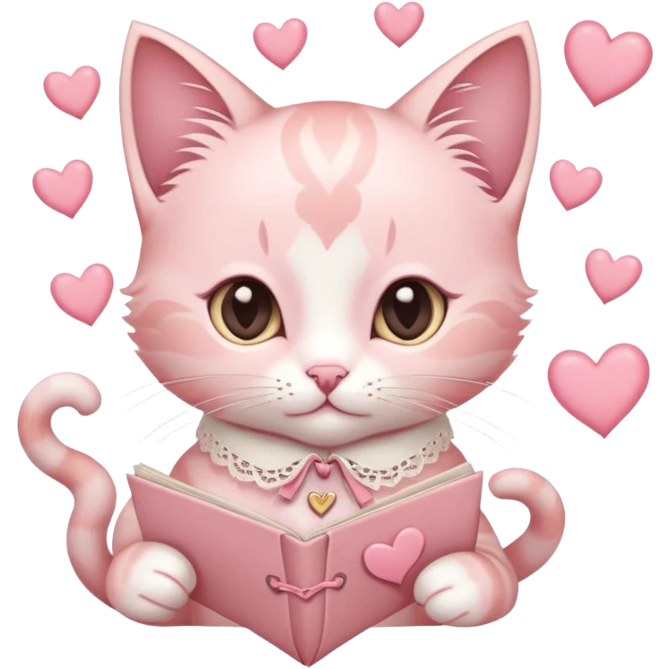 A pastel pink kitten with heart-shaped markings, a lace ribbon collar, holding a vintage love letter, surrounded by floating hearts. emoji
