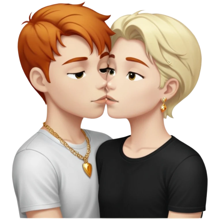 young 20 year old redhead girl with dark blonde eyebrows wearing gold jewelry and light clothes kissing a young 20 year old white-haired boy wearing dark t-shirt emoji