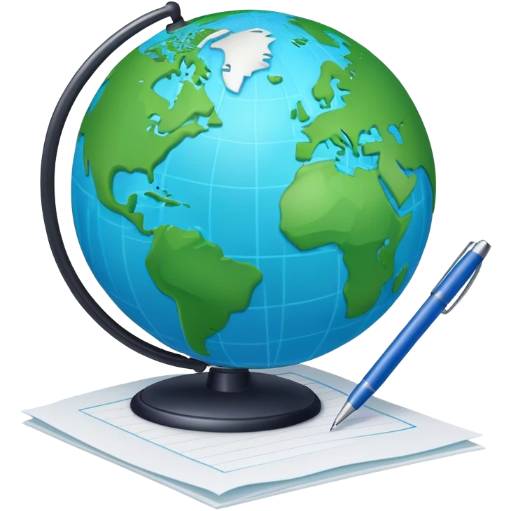 Create an emoji representing language translation. The design should feature a single globe in the background, symbolizing international communication. In front of the globe, place two books or sheets of paper, with a pen nearby to indicate the act of writing. Use a clean and professional color palette with blues, greens, and neutral tones. Do not include any emojis or smiley faces. Make the background transparent emoji