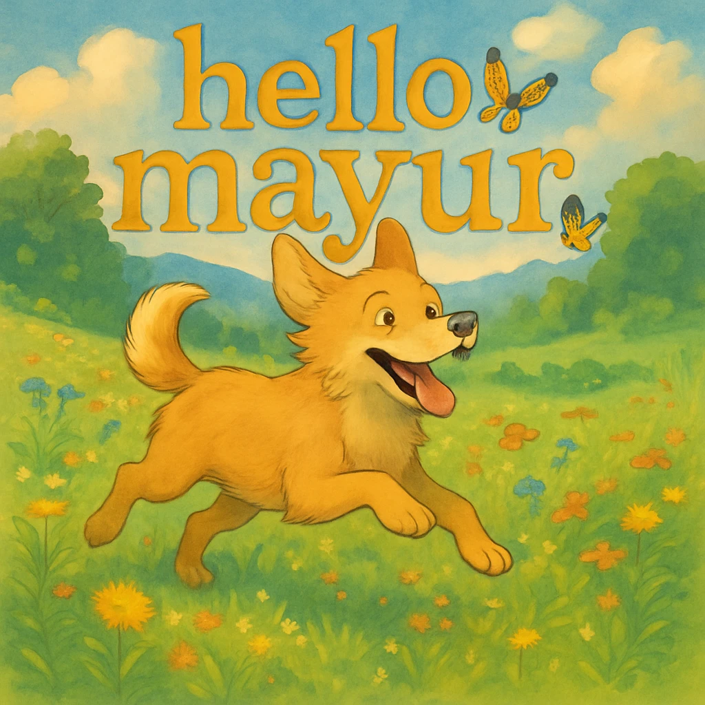 Add the text 'hello mayur' in a friendly, painterly font, matching the whimsical style of the image. The style is whimsical and painterly, so the text should blend naturally with this artistic, playful aesthetic. emoji
