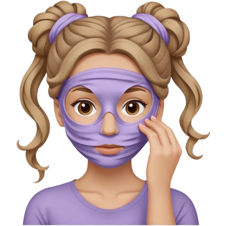 caucasian girl with long wavy dark blonde hair in messy bun wearing skincare lilac colored clay mask covering face emoji