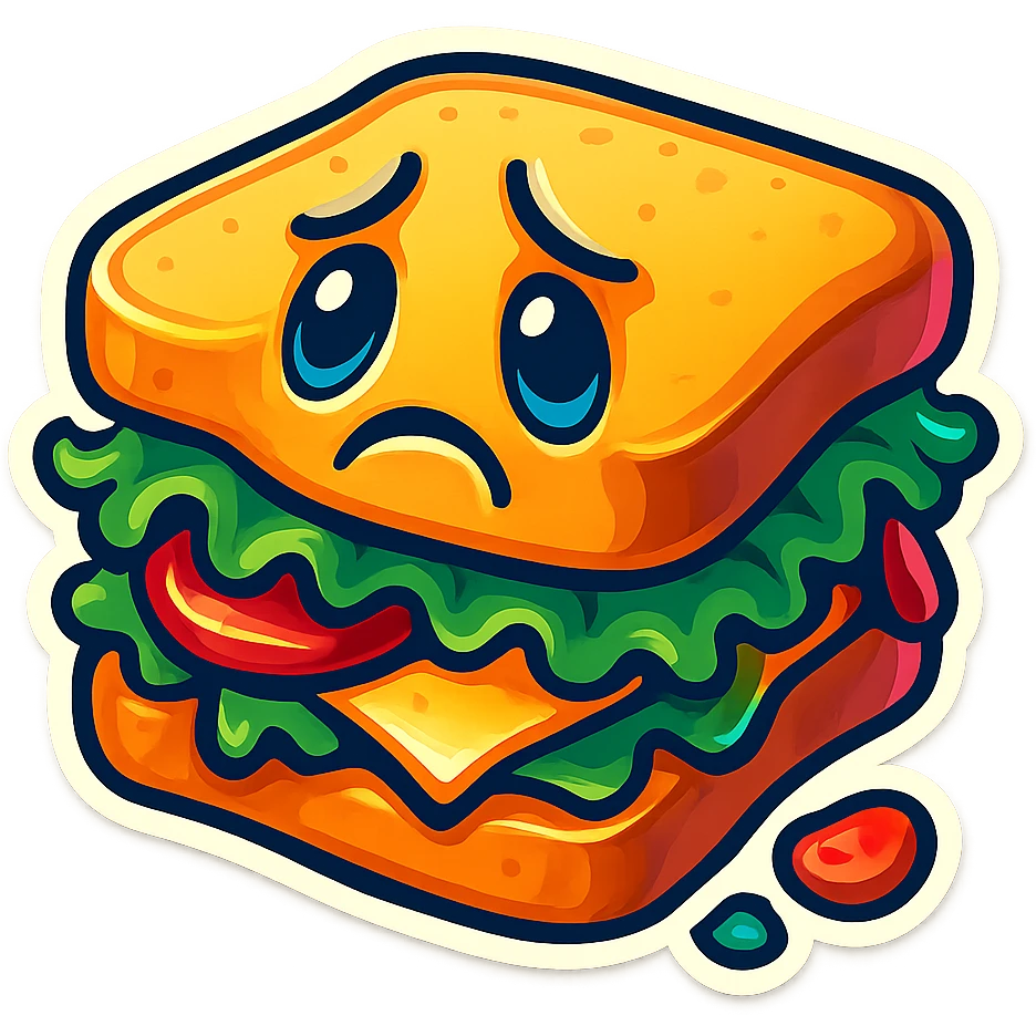 Make the sad sandwich brighter with cheerful colors, reduce to just a couple of layers, keep the downturned mouth and sad eyes. emoji