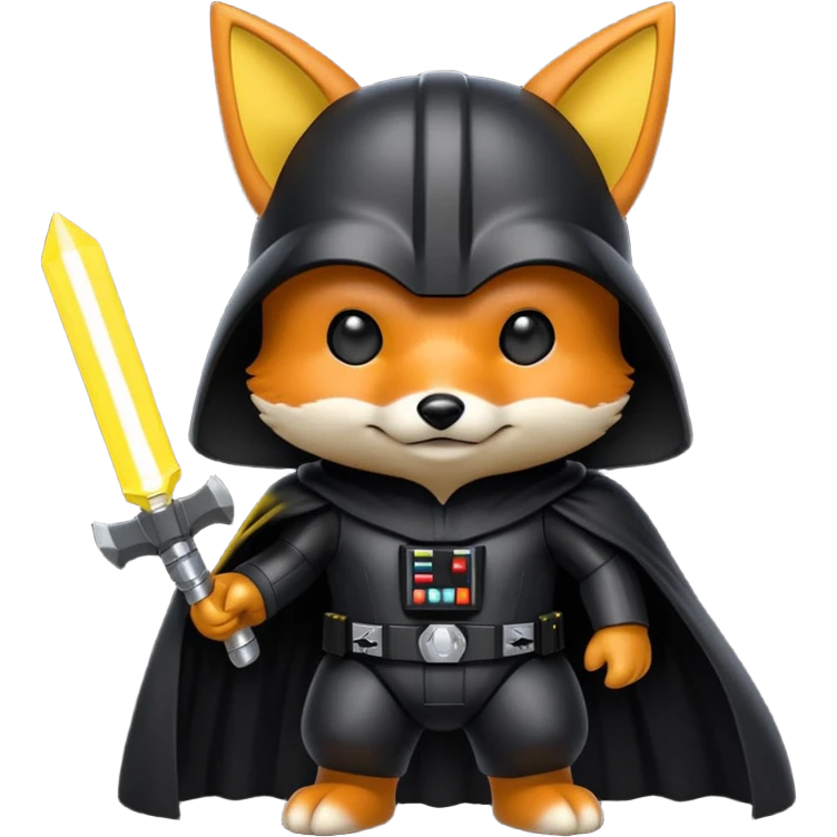 A fox wearing a darth vader Costume with pikachu emoji