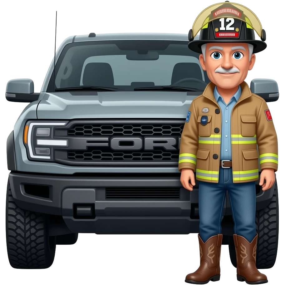 Ford bronco Cartoon emoji-style grey haired man in jeans, cowboy boots, and a firefighter helmet with 12 on the front standing next to marsh gray colored 2025 ford emoji