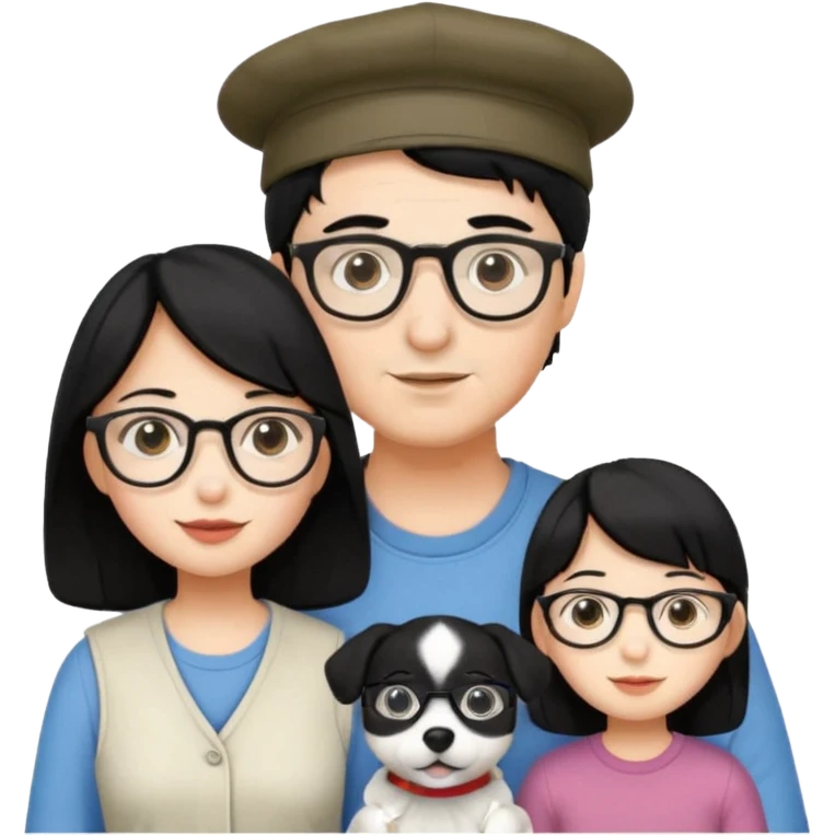 Mom black hair with glasses, Dad black hair with cap, Daughter black hair with glasses, white Dog emoji