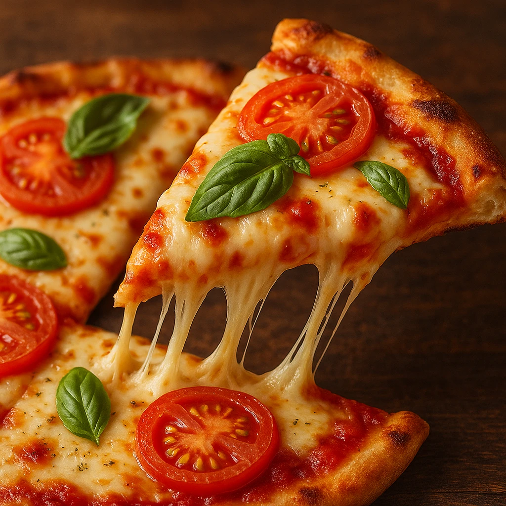 margarita pizza slice with gooey cheese tomato and basil emoji