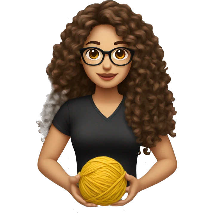 pretty Hispanic woman that has long brown curly hair holding one ball of yarn with both arms wearing a black shirt and black glasses emoji