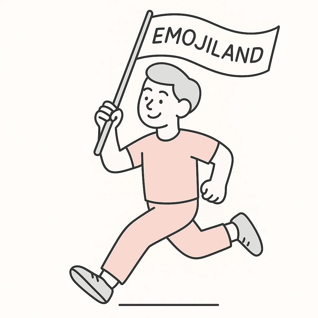 happy runner waving a flag that says 'emojiland' emoji