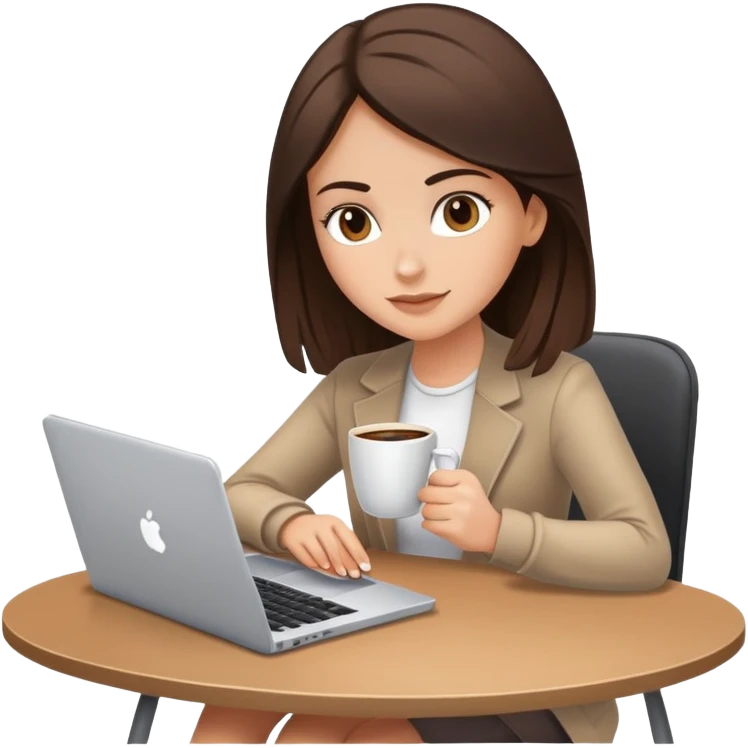 white brunette girl with laptop and coffee sitting at desk emoji
