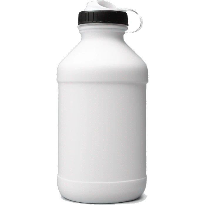 white water bottle with white lid, white silicone flexible half circle handle strap emoji